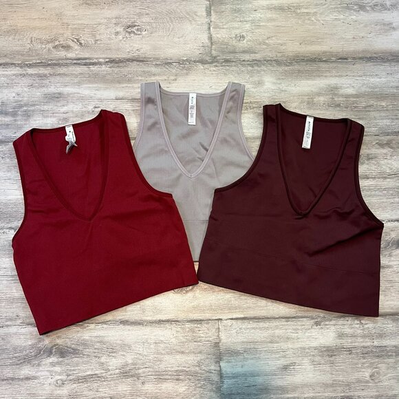 Set of 3! Athleta Aurora Seamless Crop Rib Tanks - Red, Wine, Lavender - Large - Picture 1 of 13